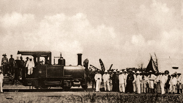 Arrival of the train in N'Dolo, Matadi-Léopoldville Railway 1890-1898, Independent State of Congo
